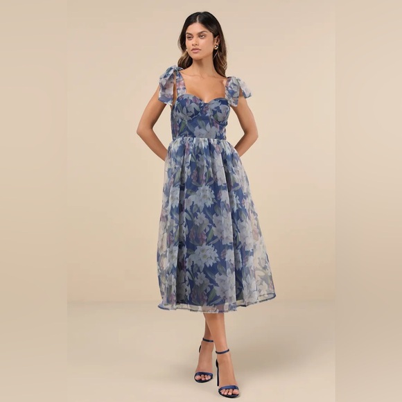 Lulus Dresses & Skirts - Exceptionally Marvelous Blue Floral Organza Bustier Midi Dress - never worn!